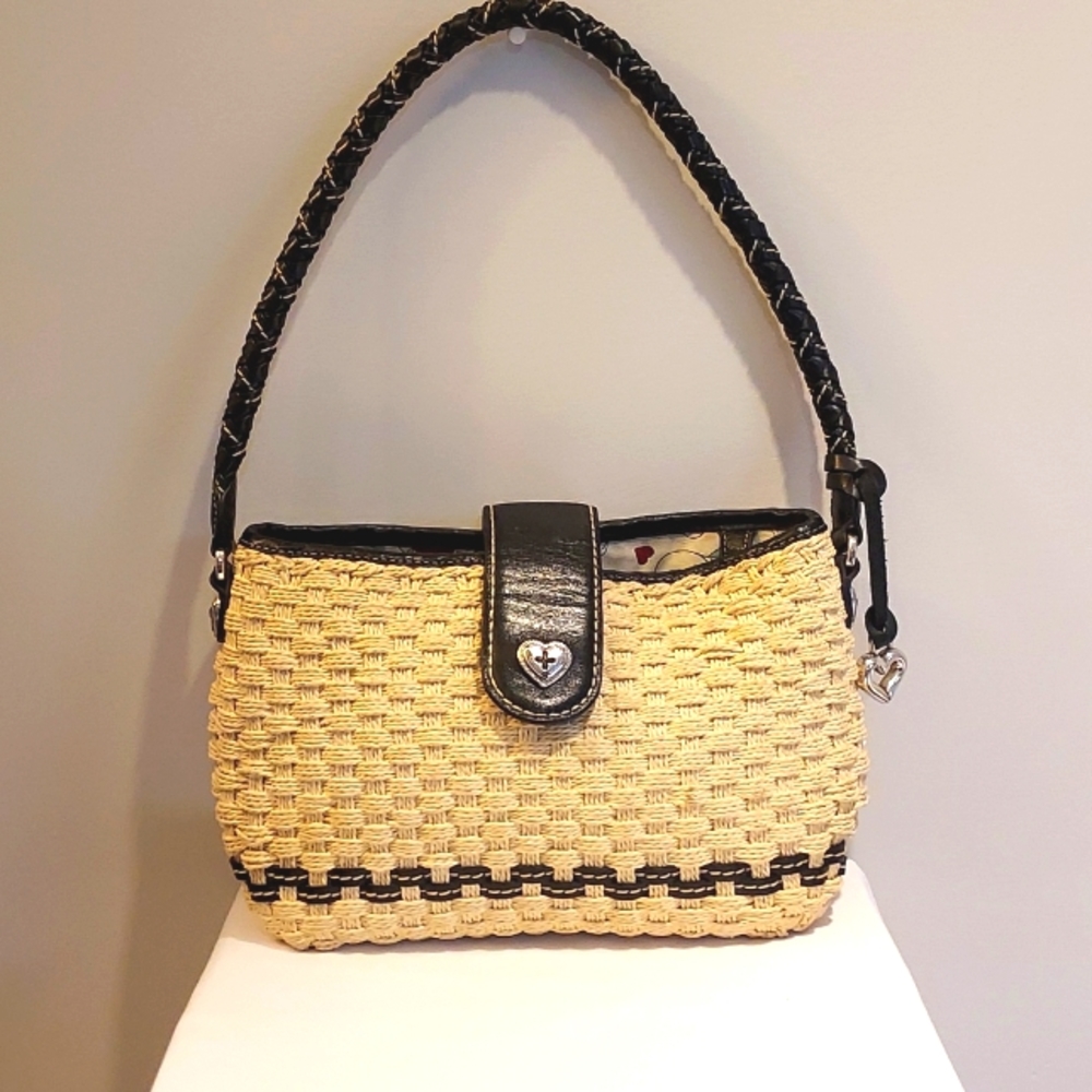 Brighton Cream and Black Woven Straw Handbag